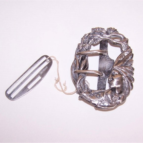 Art Nouveau Sterling Silver Ladies Belt or Sash Buckle - Indian Chief Design
